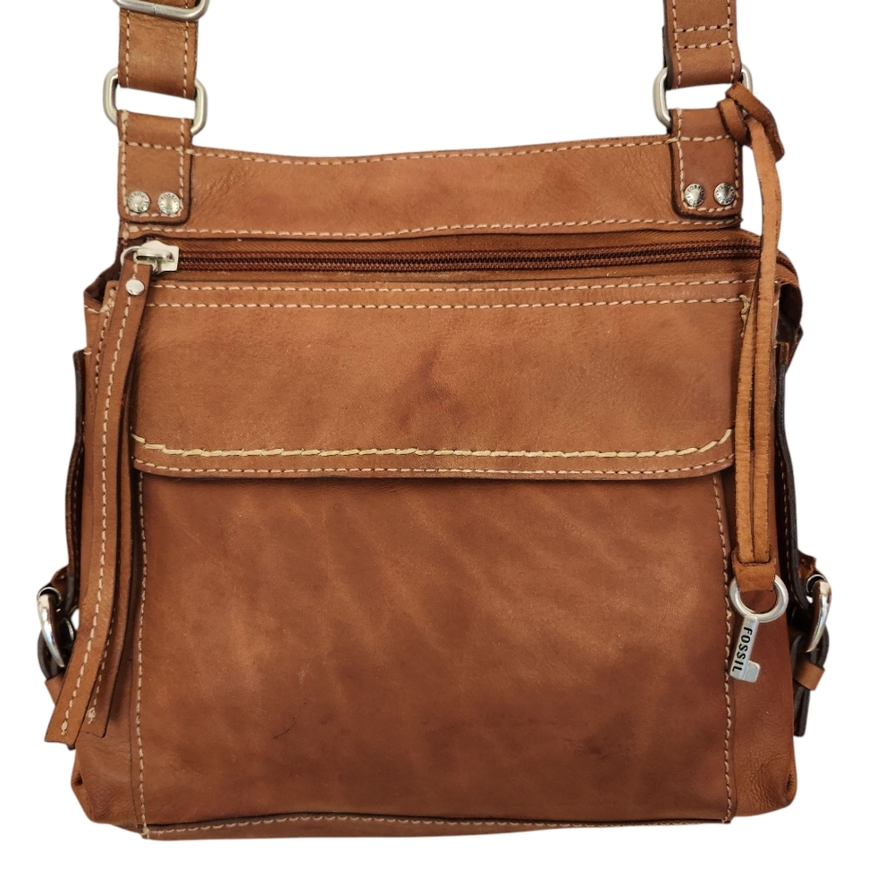 Fossil Tan Leather Crossbody with Front Flap Pocket
